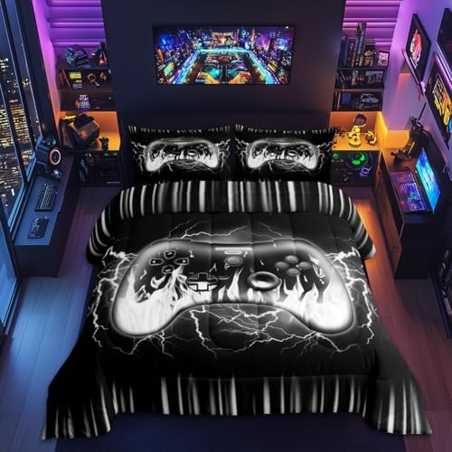 Feelyou Boys Gaming Gamer Comforter Set,Geometric Video Game Contoller Bedding Set Twin Size for Kids Boys Bedroom Room Decor,Lightnings Fire Gamer Comforter,Gaming Bed Set for All Season by Feelyou