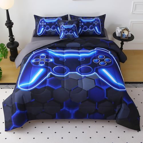 JQinHome Full Size Gaming Bedding Set 6-Piece Comforter for Boys Teens - 3D Video Game Print Bed in a Bag with Sheets, Blue Cool Black Design (Full) by JQinHome