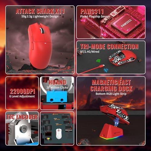 Attack Shark X11&X60HE Mechanical Wireless Gaming Combo,Rapid Trigger Magnetic Switches 8K Keyboard,59g Ultra-Light Mouse with Charging Dock, 22K DPI,PAW3311,RGB Backlit 3-Mode with Coiled Cable-Red - Image 3