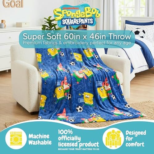 Franco Spongebob Squarepants Kids Sports Soccer Throw Blanket, 46 in x 60 in, Soft Cozy Decorative Blanket for Couch or Sporting Events, (Officially Licensed Product) - Image 2