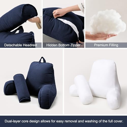 Bed Rest Reading Pillow with Arms & Detachable Headrest, Corduroy Backrest Cushion with Side Pockets & Washable Cover, Sit Up Pillow for Bed, Sofa Reading, Relaxing & Watching TV, Navy Blue - Image 6