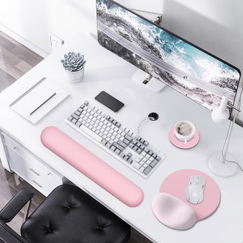AIMSA Mouse Pad with Wrist Rest Support, Keyboard Wrist Rest Set, Ergonomic Memory Foam Mousepad for Computer Keyboard, Easy Typing and Pain Relief, Pink - Image 2