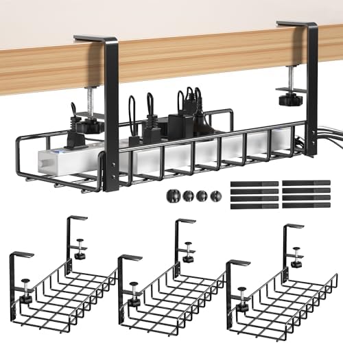 3 Pack Cable Management Under Desk Tray, 47.1" No Drill Under Desk Wire Management with Upgraded Clamp, Metal Cord Organizers with Cable Organizers, PC Cord Organization Rack, Black by Xpatee