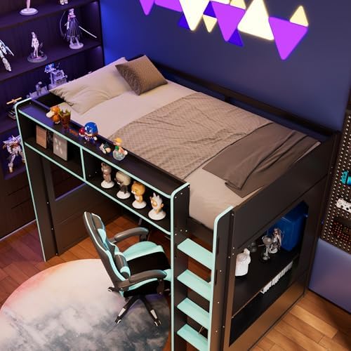 Merax Twin Size Gaming Loft Bed with Integrated Desk and Lights, Black+Blue - Image 6