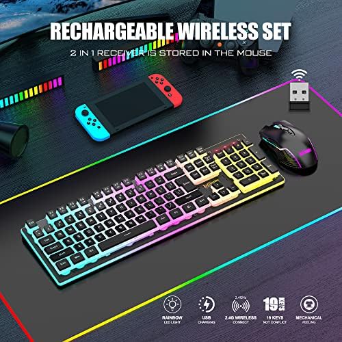 RedThunder K10 Wireless Gaming Keyboard and Mouse Combo, RGB Backlit Rechargeable 3800mAh Battery, Mechanical Feel Anti-ghosting Keyboard with Pudding Keycaps + 7D 3200DPI Mice for PC Gamer (Black) - Image 2