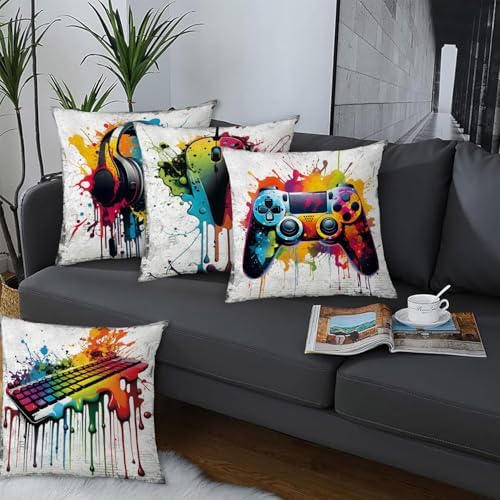 Gaming Pillow Cover for Boys Room Graffiti Game Throw Pillow Cover Sofa Couch Decor 18x18 Set of 4 Teen Video Gamepad Headphones Decorative Cushion Cases Playroom Outdoor Patio Furniture Decoration - Image 2