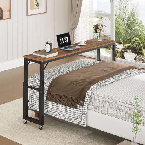 MAHANCRIS Overbed Table with Wheels, Mobile Bed Desk for Queen Size, 36"-43.5" Adjustable Height Rolling Table, Recliner Desk, Mobile Cross Bed for Bedroom, Living Room, Office, Rustic Brown MTHR18001 by MAHANCRIS