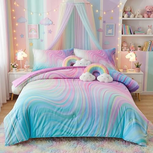 tie dye Queen Comforter Set,Queen Comforter Set for Girls,Pink Comforter Set for Kids Teens,Kids Queen Bedding Set for Girls,Colorful Rainbow Bedding Set for Girl by Helloosuucomforterset