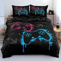Twin Size Gaming Bedding Set - Duvet Cover & Comforter Cover with Pillowcases, Pink & Blue Gamepad Pattern on Black Background for Gamer Kids Room (Vibrant Gaming Vibe) by Holiyjog