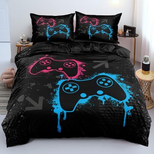 Twin Size Gaming Bedding Set - Duvet Cover & Comforter Cover with Pillowcases, Pink & Blue Gamepad Pattern on Black Background for Gamer Kids Room (Vibrant Gaming Vibe) by Holiyjog