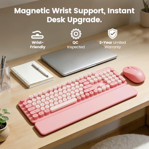 Wireless Keyboard and Mouse Combo, Magnetic Wrist Rest, Round Keycaps, Pink - Image 2
