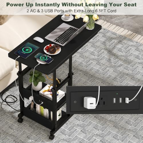 Rolling C Shaped End Table with Charging Station for Couch, Height Adjust - Image 5