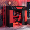 Merax Full Size Loft Bed with Desk and Storage Shelves, Gaming Loft Bed Frame with USB Charging Station and Curtains, Space Saving Loft Bed for Teens Bedroom, Black + Red by Merax