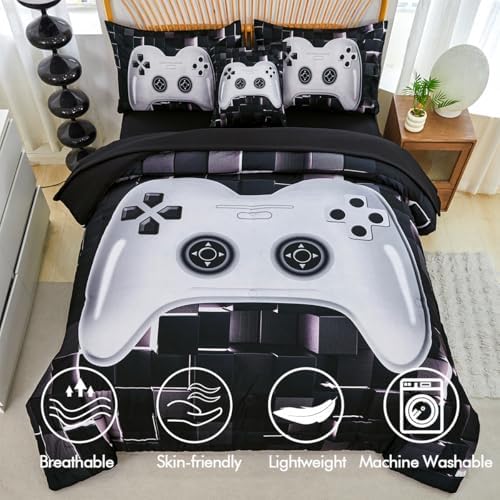 PERFEMET Boys Bedding Set Full Size 6-Piece Video Game Kids Bed in A Bag with Sheets Soft Comfy Black and White Game Console Comforter Set for Teen Girls(White, Full) - Image 4