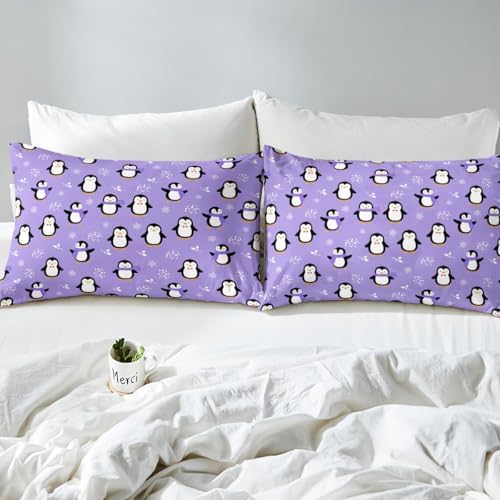 Penguin Bed Sheets Full Size Kawaii Penguin Sheet Set Antarctic Animal Fitted Sheet for Kids Boys Girls Teens Cartoon Cute Winter Theme Bedding Set Snowflake Pattern Flat Sheet Room Decor, Purple - Image 5