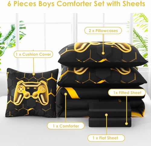 Queen Comforter Set with Sheets, 6Pcs Black and Gold Gaming Bedding Set for Boys, 3D Game Console Bed in A Bag, Gamepad Print Teen Boy Bedding for Bedroom (Gold, Queen) - Image 4