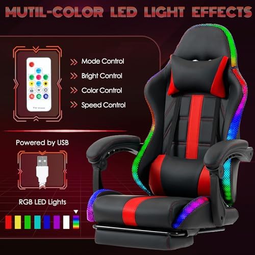 ECOTOUGE Gaming Chair, Massage Computer Chair with Footrest, RGB Red | Premium PU Leather; Ergonomic Massage Lumbar; 90-135° Recline; Height Adjustable; Retractable Footrest; 330Lbs Steel Frame - Image 4