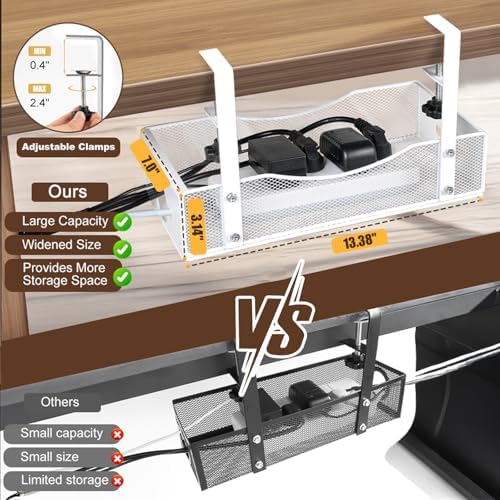 Extra Wide Under Desk Cable Management - 7inch No Drill Installation Cable Management Tray, Clamp/Screw Mount Desk Cable Management, Cable Management Tray for Office, Home((White, XL) (Pack of 2) - Image 2