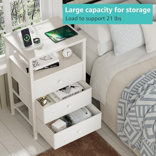 BOLUO White Night Stand with 3 Fabric Drawers, Nightstand with Charging Station LED Nightstand for Bedroom, Bedside Table with USB Ports and Outlets Modern - Image 5