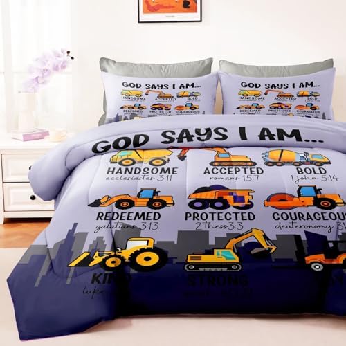 Boys Kids Construction Truck Comforter Set Full Size,3 Piece Bed in a Bag Cars Excavators Tractor Bedding Set Construction Christian Spirational Comforter with 2 Pillowcases Gray - Image 2