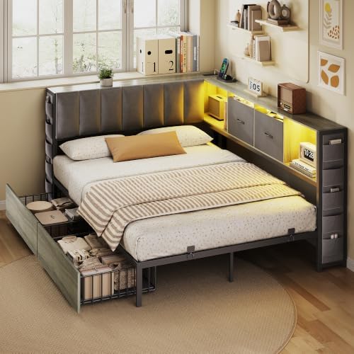 MapleGrace Full Corner Bed Frame with Upholstered Storage Headboard and Drawers, Metal Platform Bed Frame with LED Light and Charging Station, Full Daybed for Living Room, Bedroom & Guest Room, Gray - Image 5