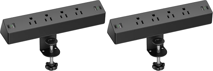 Desk Clamp Power Strip, Flat Plug Fast Charging Station, Desk Mount Surge Protector with PD 20W USB C Ports, Fit 1.7 inch Tabletop Edge Thick, Desktop Outlets for Home Office. (Pack of 2) by TenTrend