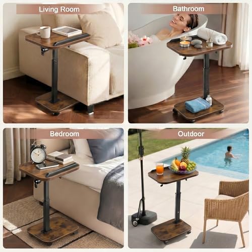C Table End Table Adjustable Height, Rolling TV Tray Table for Small Spaces 180° Flip-Over Panel & 360° Swivel Casters,C Shaped Side Tables for Couch/Living Room/Bedroom/Bed/Sofa/Chair/Snack, Walnut - Image 7