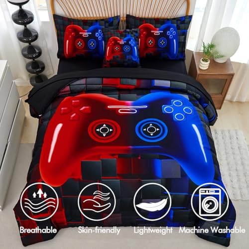 PERFEMET 6 Pieces Gaming Bedding Sets Full Size Red and Blue Gamer Comforter Set for Boys Girls Soft Fluffy 3D Cool Video Game Kids Bed in A Bag for All Seasons(Red Blue, Full) - Image 4