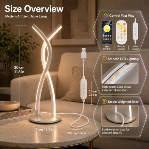 MORIACC Modern LED Table Lamp, App & Remote Control Bedside Lamp, 5 Color Temperatures 3500K-6500K, Dimmable 10%-100% Brightness, USB Powered Desk Light for Bedroom, Office and Living Room Decor - Image 6