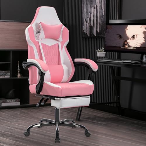 Leather Ergonomic Gaming Chair with Footrest, Cute Pink Gaming Chair with Comfortable Headrest & Lumbar Support for Adults Women Girls, Comfy, 300 LBS Capacity (Pink) - Image 2