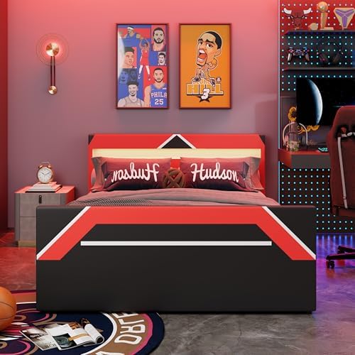 Merax Queen Size Gaming Bed with Built-in 7-Color LED Lighting Headboard, Side-Lift Hydraulic Storage Platform Bed, Cyberpunk Style, No Box Spring Needed, Black+Red - Image 4