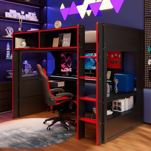 Merax Twin Size Gaming Loft Bed with Integrated Desk and Lights, Black+Red - Image 5