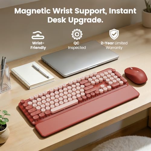 Wireless Keyboard Mouse Combo, Magnetic Wrist Rest, Round Keycaps, Wine Red - Image 2