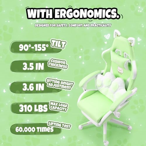 Vigosit Cute Cat Ears Gaming Chair for Women Girls - Ergonomic PU Leather Office Chair with Footrest cat paw Pillow, 360° Swivel Recliner, Green - Image 6