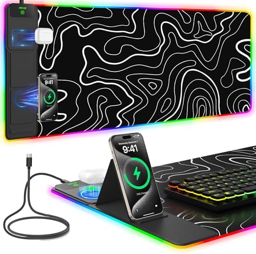 Mouse Pad with Foldable Phone Holder & Wireless Charger, XXL RGB Gaming Mousepad 31.5"x15.8" Large Desk Mat for Keyboard, Black Desk Pad with Dual Qi Charging Station | 11 Colors 5 Modes | Waterproof by miroddi