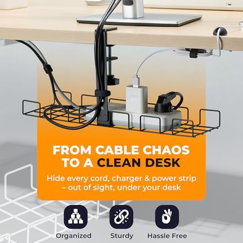 JANEX Under Desk Cable Management Tray Kit, No Drill Clamp-On Cable Organizer for Desk, Wire Cord Management Tray with Cable Sleeve, Cable Clips, Ties & Velcro Strips, Black - Image 2