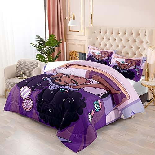 African American Black Girl Comforter Set Twin Size, Black Girls Magic Duvet for Kawaii Bedroom Decor, Girl Love Music Purple Bedding Set with 1 Comforter +1 Pillowcase - Image 3
