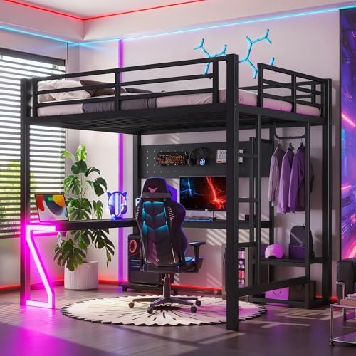 DNYN Metal Loft Bed with L-Shaped Desk and USB Ports for Teens/Adults Bedroom, Heavy-Duty Full Size Metal Bed Frame with Computer Tray/Peg Board/Gaming Style Z-Shaped LED, No Box Spring Needed by DNYN