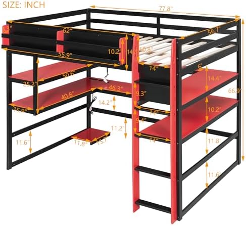 DNYN Gaming Loft Bed with Built-in Desk and Storage Shelves for Teens/Adults Bedroom, Space-Saving Full Size Wooden Bed Frame with LED & Side Race, No Box Spring Needed - Image 2