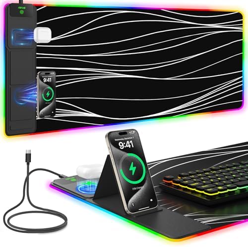Mouse Pad with Foldable Phone Holder & Wireless Charger, XXL RGB Gaming Mousepad 31.5"x15.8" Large Desk Mat for Keyboard, Black Desk Pad with Dual Qi Charging Station | 11 Colors 5 Modes | Waterproof by miroddi