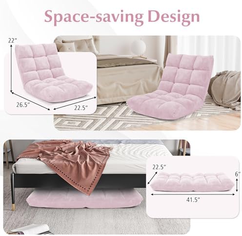 Folding Floor Chair with Back Support, Floor Seat, Lazy Sofa Chair | 14 Adjustable Position, Soft Coral Fleece, Thick Foam, Steel Frame Gaming Chair for Adults, Reading, Meditation (Pale Pink) - Image 5