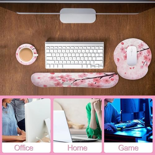 Cherry Blossom Pink Flower Mouse Pad with Wrist Rest Set, 3-in-1 Wrist Support Mousepad Set, Gaming Mat Pad with Anti-Skid Base,Ergonomic Memory Foam Mouse Pad Set for Women, Office, Typing, Gaming - Image 6