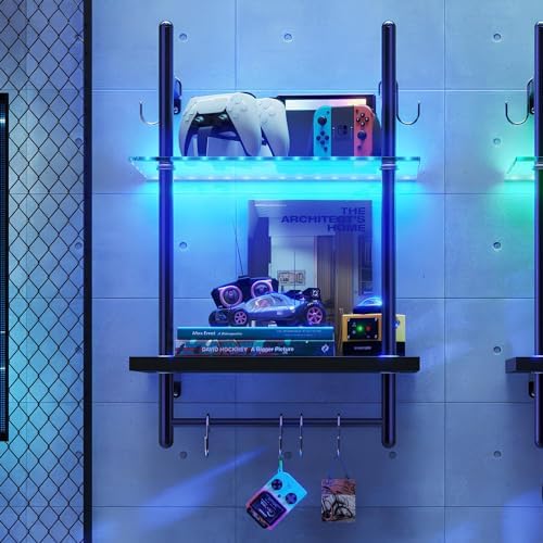 Bestier 15" Gaming Floating Shelves with LED Lights, Carbon Fiber Black by Bestier