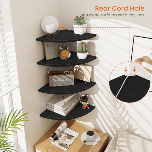 Homode Corner Shelf Wall Mount, 4 Tier Rounded Corner Floating Shelves, 12 Inch Deep Hanging Corner Shelf Storage, Wood Corner Wall Shelving for Living Room Bedroom Bathroom Kitchen, Black - Image 4
