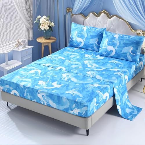SDIII 4PCS Oil Painting Style Blue Mermaid Sheets Twin Set, Microfiber Princess Sheets Twin, Painterly Blue Mermaid Princess Bedding Sheet for Girls - Image 2