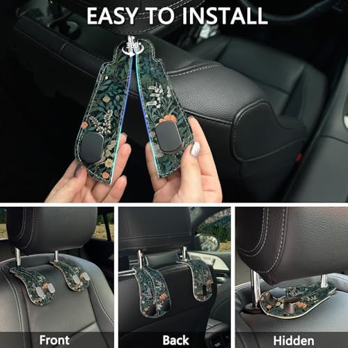 Blusabaca 2PCS Car Hooks for Purses Bags, Weeds Floral Flowers Wildflowers Plants Seat Back Storage Headrest Holder Hanger PU Leather Double Backseat Organizer, Women Car Accessories Organization - Image 6