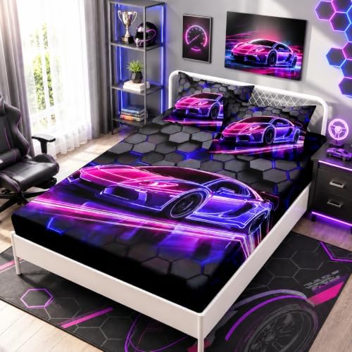 HOSIMA Boys Race Car Gaming Bedding Queen,1 Fitted Sheet+2 Pillowcases. by HOSIMA