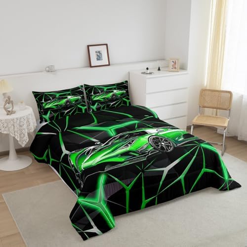 Feelyou Sports Car Bedding Set for Boys, Green Race Car Comforter Set King Size for Kids Teens Adult, Cool Speed Car Bedding Comforter Sets Extreme Sports Quilt Race Car Decor Quilt Set for Boys - Image 2