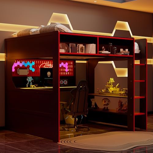 Merax Full Size Gaming Loft Bed with Integrated Desk and Lights, Black+Red - Image 6