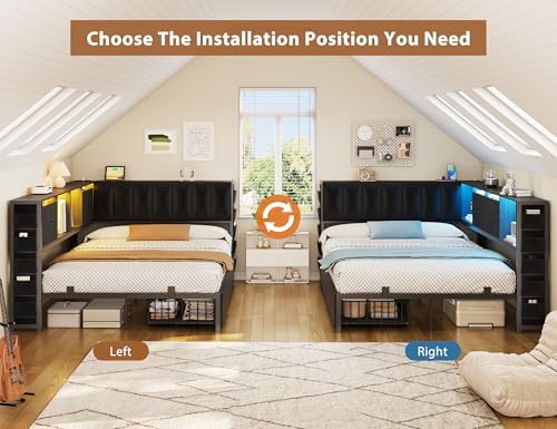MapleGrace Full Corner Bed Frame with Upholstered Storage Headboard and Drawers, Metal Platform Bed Frame with LED Light and Charging Station, Full Daybed for Living Room, Bedroom & Guest Room, Black - Image 4
